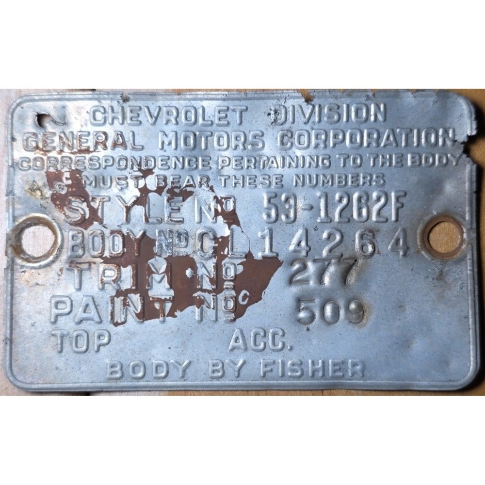 1953  Chevrolet Chevy Body By Fisher Data Plate Emblem Metal Car Part